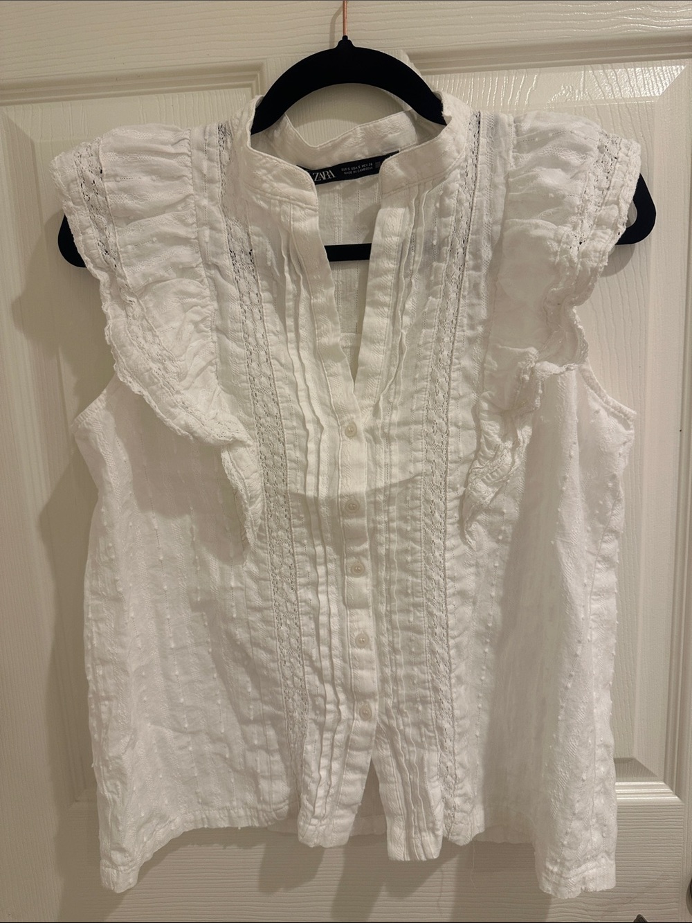Zara White Swiss Dot Ruffle Sleeve Button-Up Top